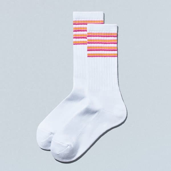 Kyoto Line Socks: white crew socks with pink, magenta and orange cuff stripes