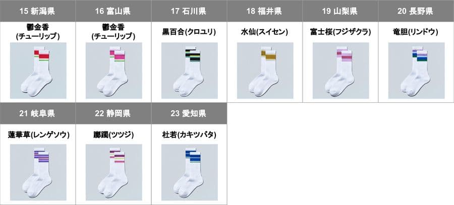 FamilyMart lineup sheet of socks 15 to 23, Niigata to Aichi, with Japanese labels