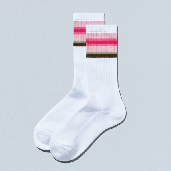 Tokyo Line Socks: white crew socks with pink, brown and green cuff stripes