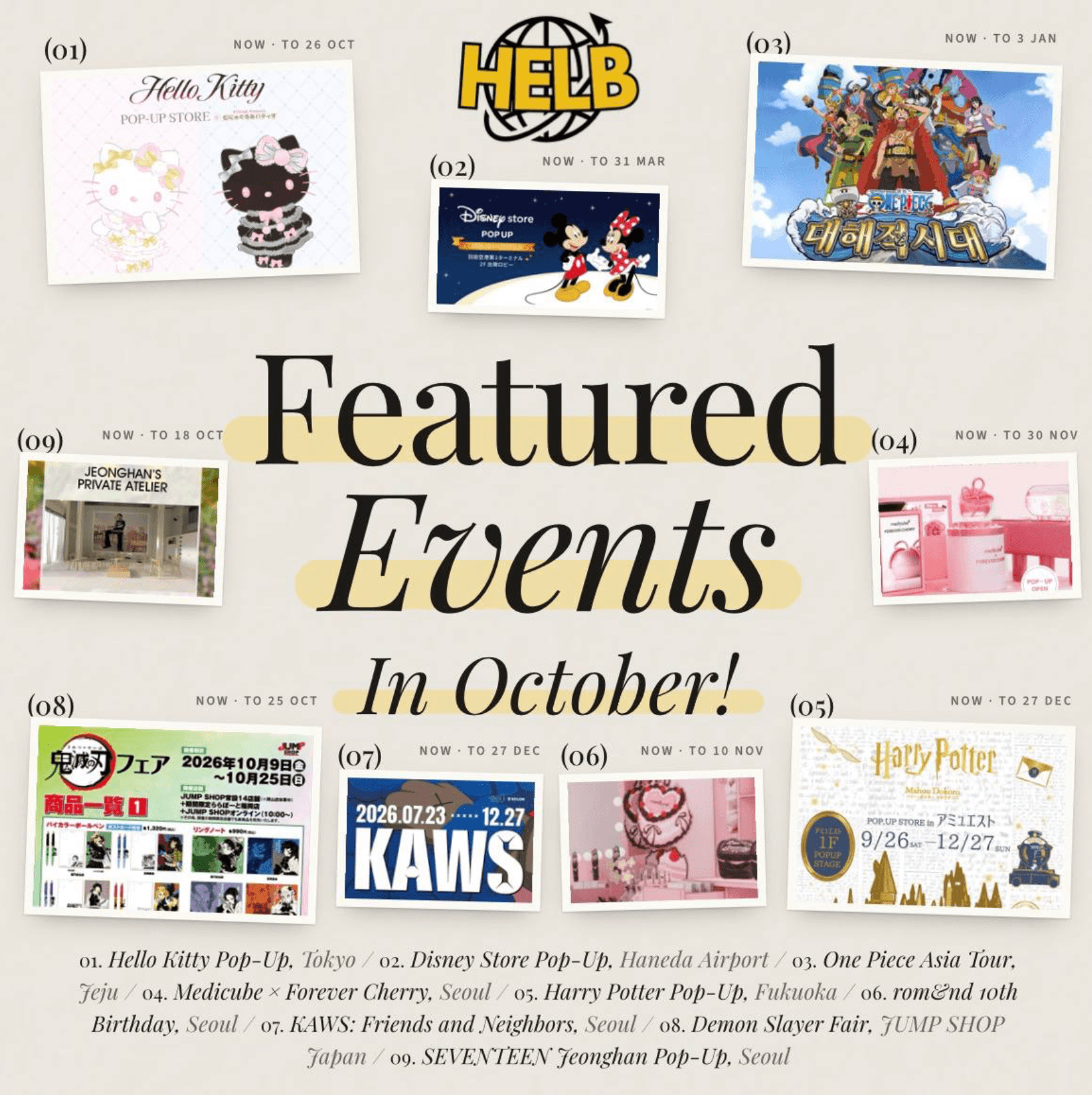 Featured Events In October: nine numbered event posters around the HELB logo, each with its closing date
