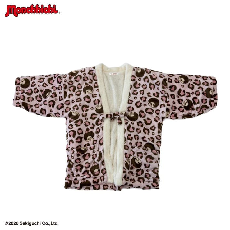 Leopard-print hanten, a padded Japanese house jacket, with Monchhichi details