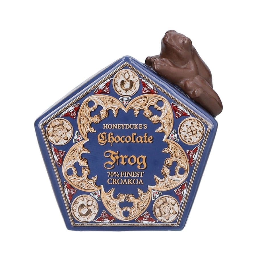 Ceramic Chocolate Frog box stand with a frog clinging to the rim