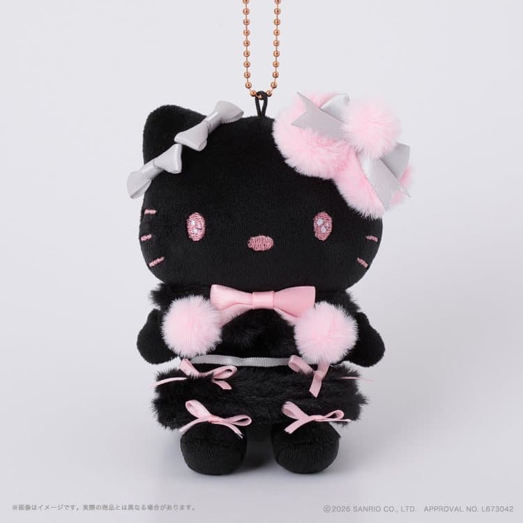 Black Hello Kitty munyugurumi plush mascot with pink and silver bows