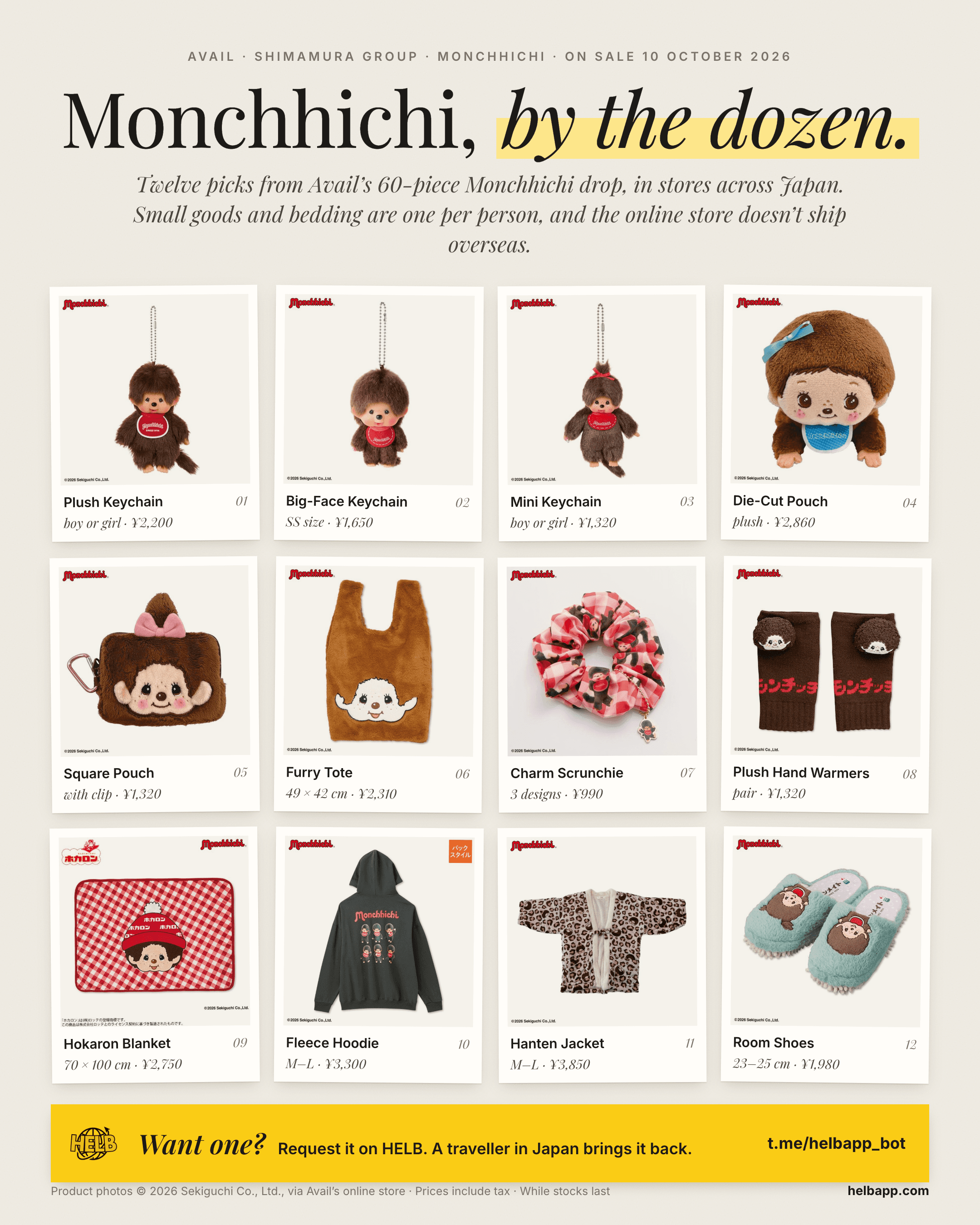 Twelve Monchhichi × Avail pieces as polaroids, each labelled with its price in yen, headlined Monchhichi, by the dozen
