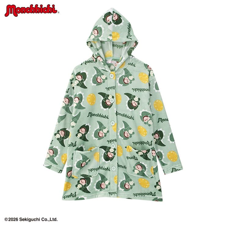 Mint hooded room gown with a Monchhichi print