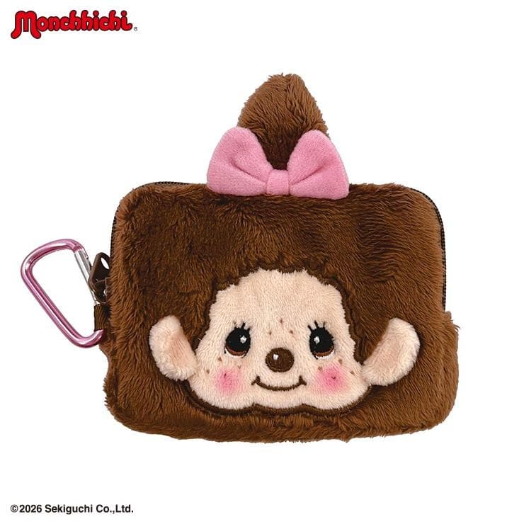 Brown furry square pouch with Monchhichi's face, a pink bow and a clip